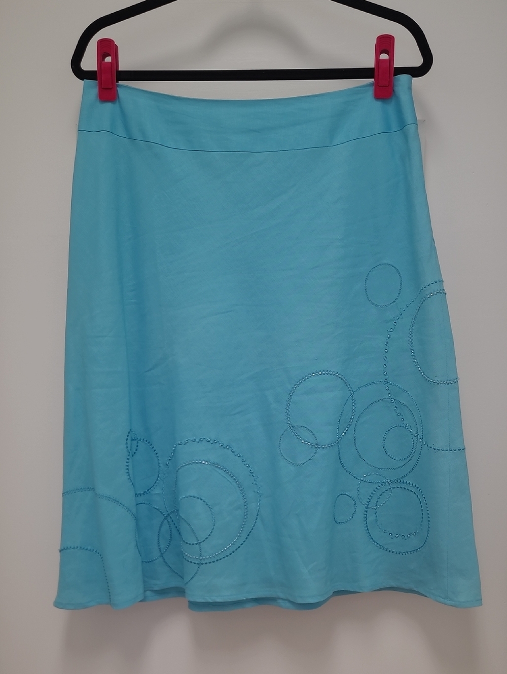 Turquoise A-Line Midi Skirt with Embroidered Circles